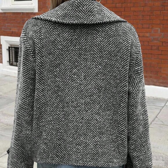 Grey Lapel Herringbone Women's Long Sleeve Straight-Leg Loose Coat - Picture 2 of 5